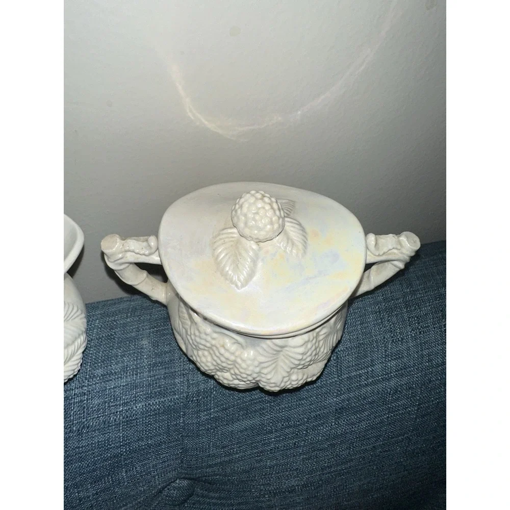 Vintage Blackberry Relief Creamer & Covered Sugar Bowl Parian Style White Lustre